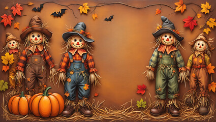 A festive autumn scene with three scarecrows standing in a pumpkin patch.