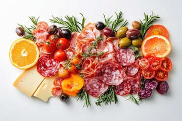 A colorful arrangement of salami, cheese, olives, tomatoes, and citrus fruits, garnished with rosemary and thyme.