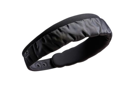 Dark gray, padded headband,  soft, flexible,  and wraps around the head