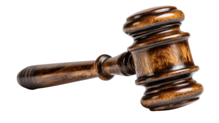 Close-up of a wooden gavel, angled, with a rich, dark brown finish.  The wood grain is visible