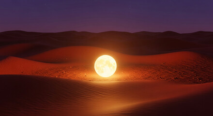 Illuminated moon resting on desert sand dunes under a twilight sky, creating a surreal and mysterious landscape, suggestive of dreams, tranquility, and the vastness of nature