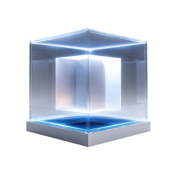 A translucent cube within a larger, illuminated cube, creating a sense of containment and display