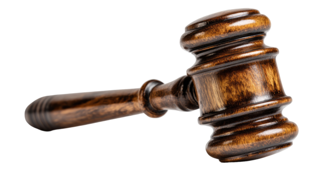 Close-up of a wooden gavel, angled, with a rich, dark brown finish.  The wood grain is visible