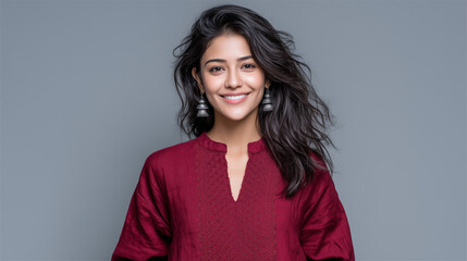 Obraz premium Smiling young woman in deep maroon embroidered blouse and metallic earrings standing against neutral gray background, stylish fashion portrait with confidence and natural charm