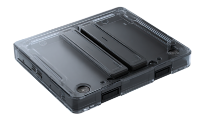 Transparent case encloses a dark gray, rectangular, dual-section device with latching mechanisms