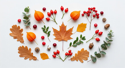 Autumnal arrangement of leaves, berries, and acorns on white background, creating a seasonal design ideal for fall-themed projects or decorations, showcasing natural elements