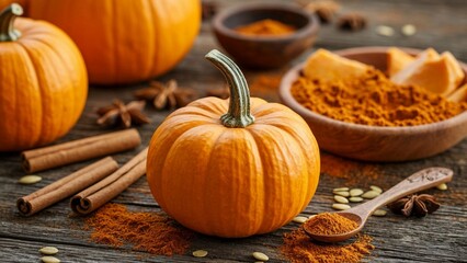 Pumpkins, spices, and autumn flavors on a rustic table.