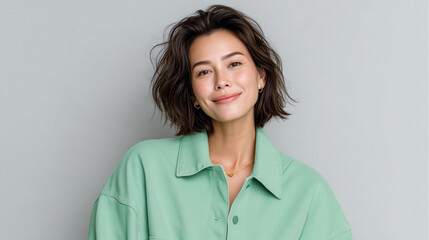 Obraz premium Relaxed smiling woman in mint green oversized shirt with short wavy hair standing against light gray background, casual fashion portrait expressing confidence and natural charm