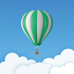 Obraz premium Vector Travel Banner with 3d Realistic Hot Air Balloon Icon on a Blue Sky Background. Design Template, Summer Vacation, Travelling, Tourism and Journey Concept