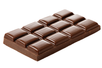 Dark chocolate bar, rectangular shape, glossy surface, divided into squares