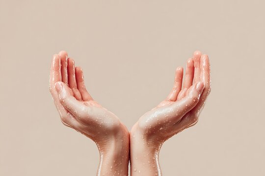 A close-up of sweaty, cupped palms, symbolizing the condition of hyperhidrosis (excessive sweating). Represents medical and wellness topics related to skin and health.