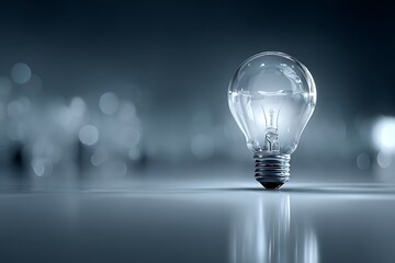 A single, classic light bulb on a reflective surface, symbolizing ideas, innovation, and creative solutions. The cool-toned design conveys a modern, intellectual theme.