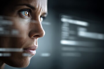 A close-up of a human face with digital overlays and futuristic elements. It symbolizes the integration of technology and biology, such as bionic implants or augmented reality.