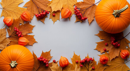 Autumnal frame with orange pumpkins, maple leaves, physalis, and red berries on gray backgroundÂ Free space for text or design