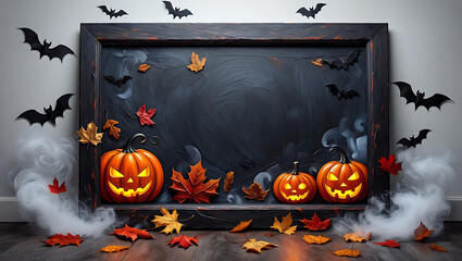 A black chalkboard with space for text, framed by jack-o'-lanterns, autumn leaves, and bats.