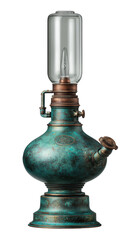 Teal-colored steampunk lamp with glass top.  Detailed, ornate, vintage-inspired design with metallic accents.  Heavy base