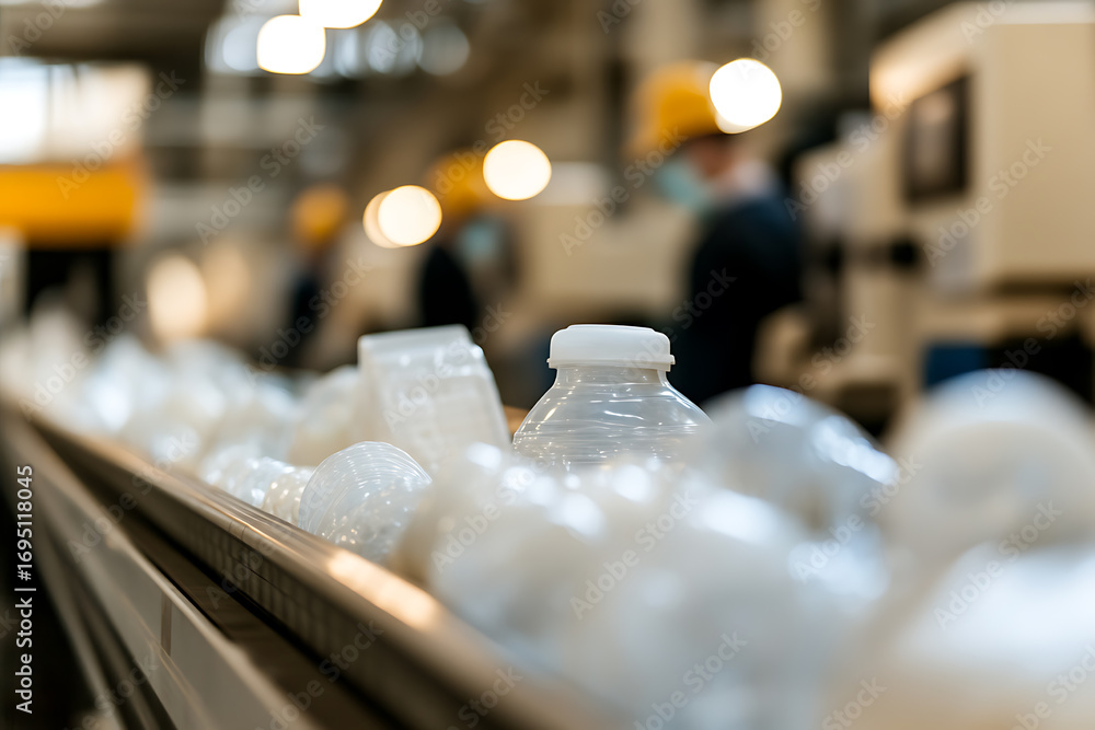 Aufkleber bottles on a manufacturing line, blurred workers in background. focus on automation and mass product