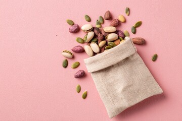 A Beautiful Arrangement of Various Nuts Spilling from a Natural Fiber Bag onto a Pink Surface, Showcasing the Richness and Diversity of Snacks