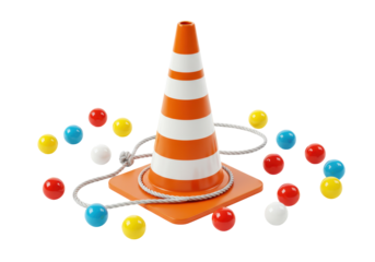 Isolated bright road cone with white stripes, a rope, and colorful toy balls near the base