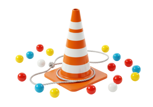 Isolated bright road cone with white stripes, a rope, and colorful toy balls near the base