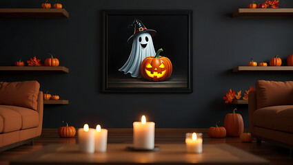 A dimly lit, modern room decorated for Halloween with pumpkins, candles, and a picture of a ghost.