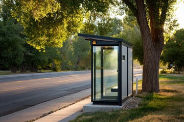 A Serene Bus Stop Surrounded by Lush Greenery under Soft Morning Light on a Quiet Street, Offering a Peaceful Waiting Experience for Passengers