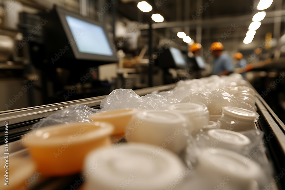 Poster production line of plastic containers moving along a conveyor belt in a factory with workers monitor