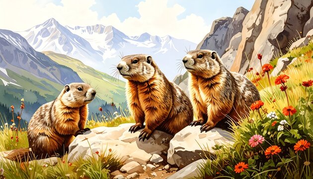 Alpine marmots in a mountain meadow