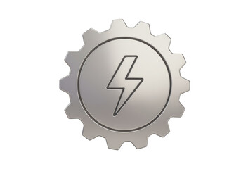 Isolated gray-metallic gear with lightning bolt symbol, industrial power, mechanical design
