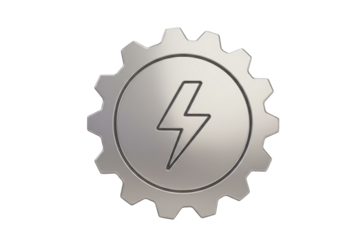 Isolated gray-metallic gear with lightning bolt symbol, industrial power, mechanical design