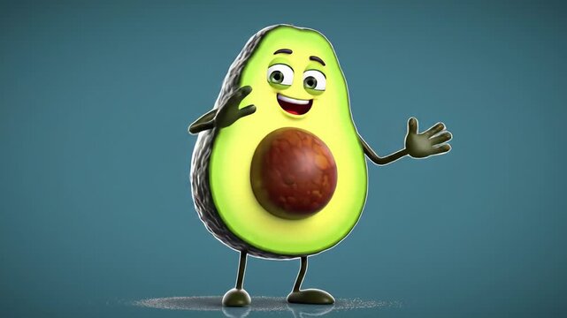Cartoon animation of happy avocado character with legs and arms dancing on light blue background. concept of playful fruit mascot, healthy lifestyle, fun food illustration.
