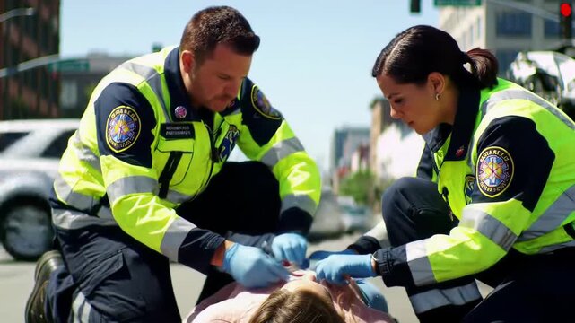 Emergency medical responders administering first aid to an injured person lying on urban street during a daytime accident. concept of emergency care, teamwork, first responder action.