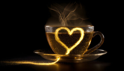 A cup of tea with a heart drawn on it. The heart is made of gold and is floating in the steam