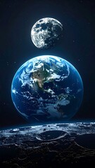 A celestial panorama showcasing the Earth and moon in the vastness of space.
