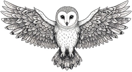 Detailed illustration of a barn owl with outstretched wings isolated on white background