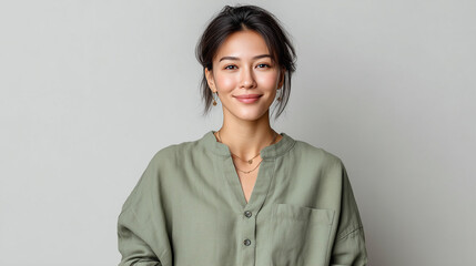 Obraz premium Smiling young woman with natural makeup wearing casual olive green button-up blouse against light gray background, representing modern fashion, lifestyle, confidence, and professional portrait