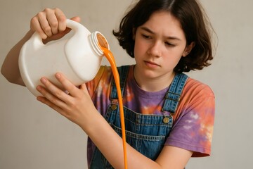 Young artist carefully pouring orange paint from a large plastic container, creating an interesting visual effect