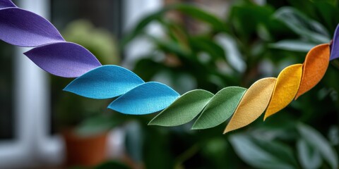 paper chain decor, colorful handmade paper chain decoration with blurred family and sukkah interior as backdrop