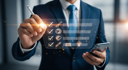 Streamlining workflow A modern professional efficiently managing tasks on a sleek digital interface using vibrant