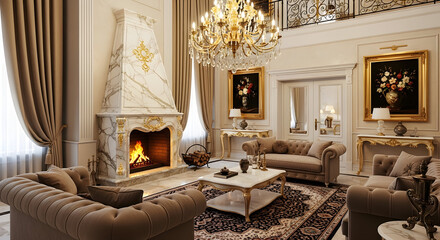 Fototapeta premium Lavish Interior Depicting Luxurious Living Room with Fireplace and Elegant Decor