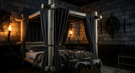 Luxurious Bedroom Design Illuminated by Sconce Torch Lights and Antique Furniture