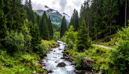 Mountain stream flowing through a lush forest