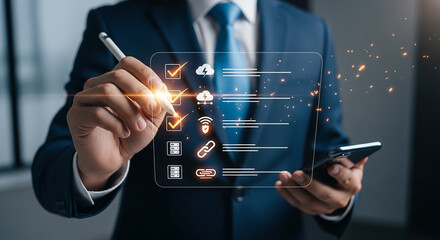 A businessman marking off cloud security features with a stylus on a glass screen highlighting digital transformation
