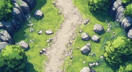 A picturesque, sun-drenched pathway through a rocky, grassy landscape.