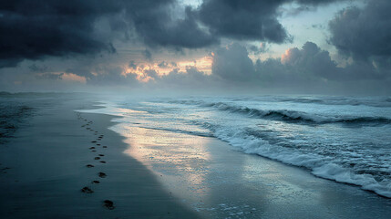 Eerie Barefoot Footprints Crossing Wet Sand at Dusk Beach Scene