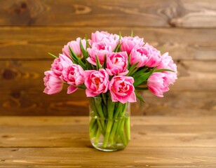Pink tulips in a vase on a wooden surface