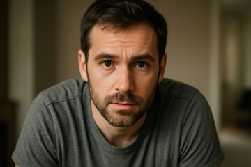 Portrait of a focused man with short brown hair and a beard, leaning forward and making eye contact