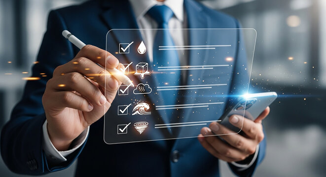 Comprehensive Risk Assessment A modern executive checking off disaster preparedness list on transparent digital - Powered by Adobe