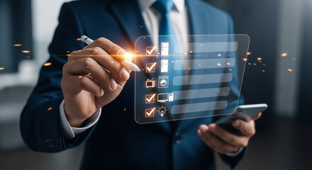 Businessman meticulously completing a virtual checklist for smart home automation optimizing energy efficiency and