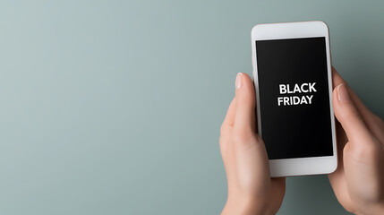 Smartphone display shows "Black Friday" text. Hands hold device against a muted background. Shopping deals, holiday season.